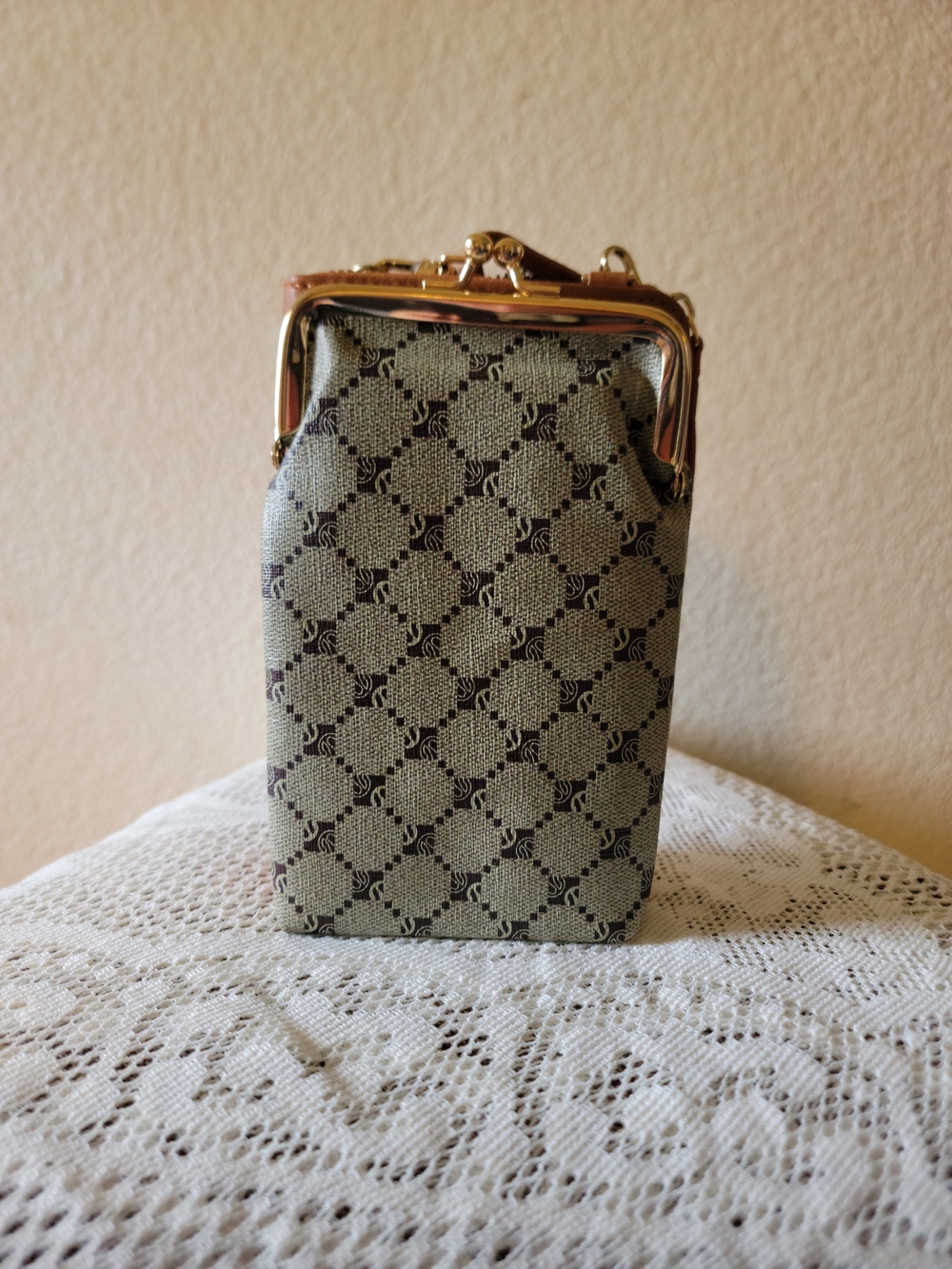 Classic Beige and Brown Kiss-Lock Crossbody Bag